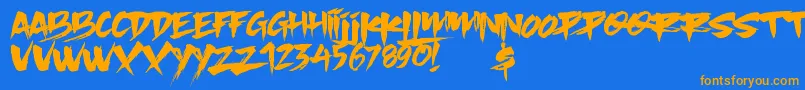 フォントSlacker Brush – オレンジ色の文字が青い背景にあります。