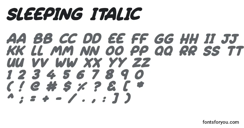 A fonte Sleeping Italic – alfabeto, números, caracteres especiais