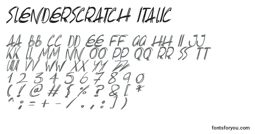 A fonte Slenderscratch Italic – alfabeto, números, caracteres especiais