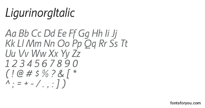 Czcionka LigurinorgItalic – alfabet, cyfry, specjalne znaki