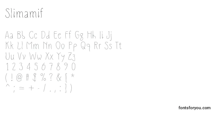 Schriftart Slimamif (141207) – Alphabet, Zahlen, spezielle Symbole