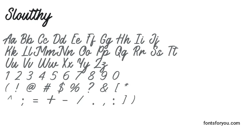 Czcionka Sloutthy – alfabet, cyfry, specjalne znaki