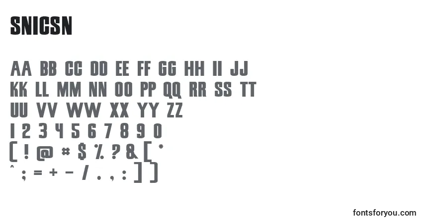 A fonte SNICSN   (141290) – alfabeto, números, caracteres especiais