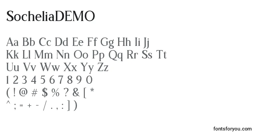 Czcionka SocheliaDEMO – alfabet, cyfry, specjalne znaki