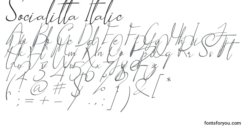 Шрифт Socialitta Italic – алфавит, цифры, специальные символы