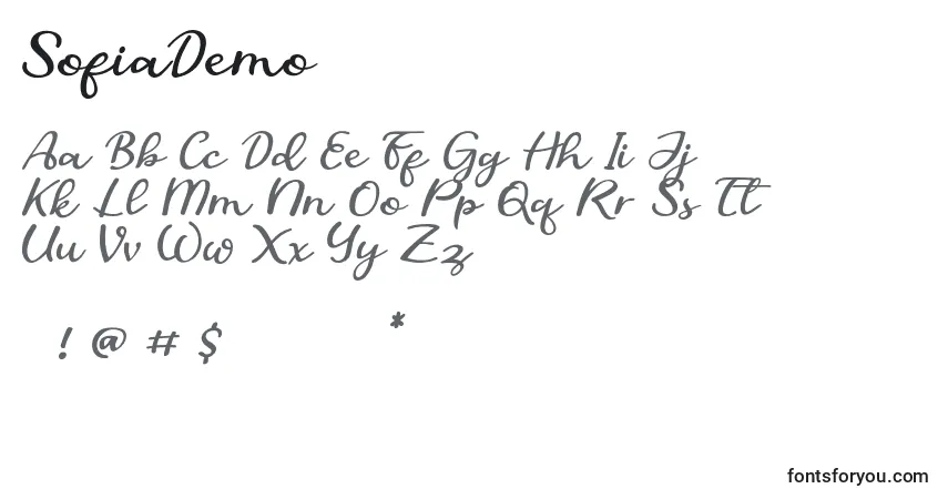Schriftart SofiaDemo – Alphabet, Zahlen, spezielle Symbole