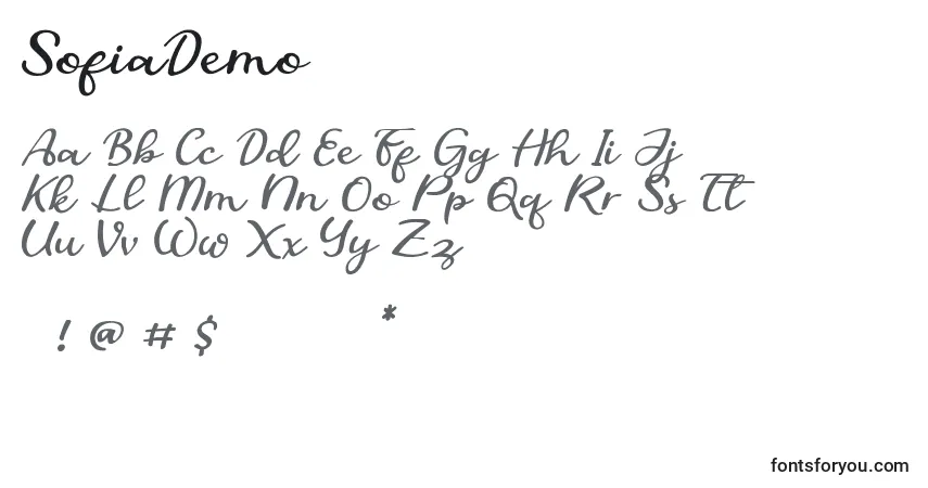 Schriftart SofiaDemo (141345) – Alphabet, Zahlen, spezielle Symbole