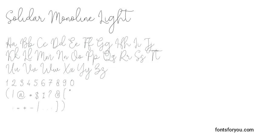 Шрифт Solidar Monoline Light – алфавит, цифры, специальные символы