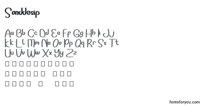 Czcionka Sonddesip – alfabet, cyfry, specjalne znaki