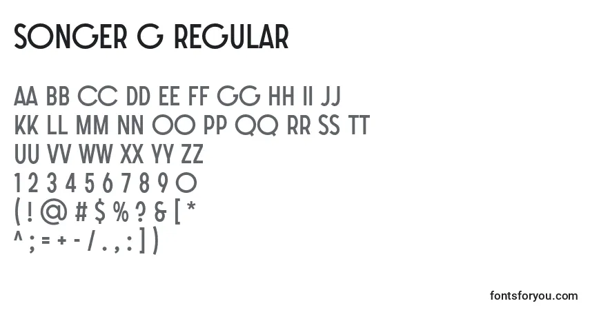 Schriftart SONGER G Regular – Alphabet, Zahlen, spezielle Symbole