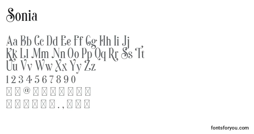 Czcionka Sonia – alfabet, cyfry, specjalne znaki
