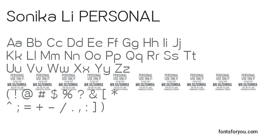 Czcionka Sonika Li PERSONAL – alfabet, cyfry, specjalne znaki