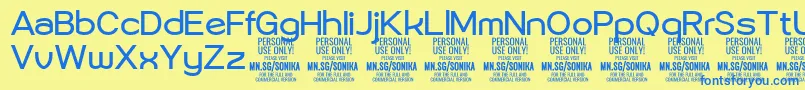 フォントSonika Re PERSONAL – 青い文字が黄色の背景にあります。