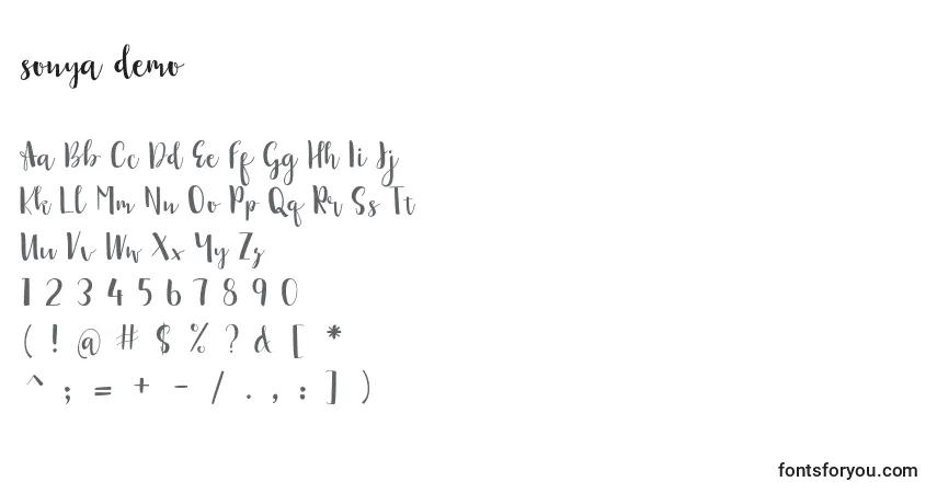 A fonte Sonya demo – alfabeto, números, caracteres especiais