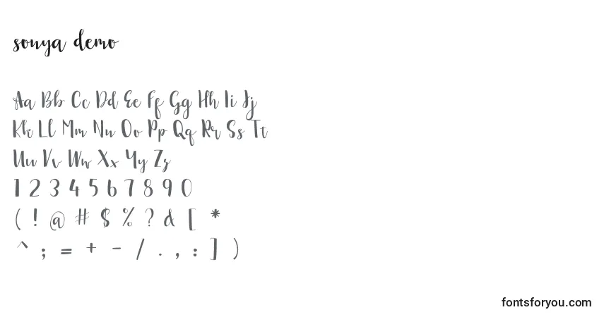 A fonte Sonya demo (141448) – alfabeto, números, caracteres especiais
