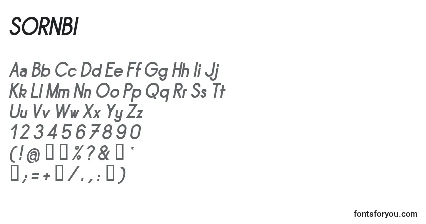 A fonte SORNBI   (141464) – alfabeto, números, caracteres especiais