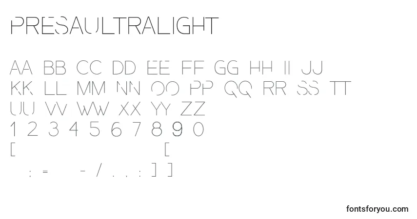 Шрифт PresaUltralight – алфавит, цифры, специальные символы