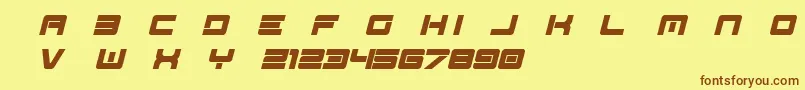 フォントSpac3   Tech v17 Full Italic otf Free – 茶色の文字が黄色の背景にあります。