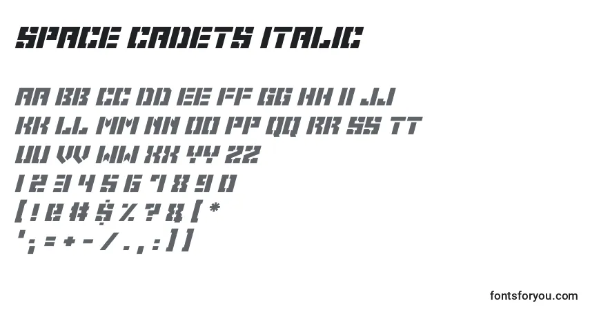 Schriftart Space Cadets Italic – Alphabet, Zahlen, spezielle Symbole