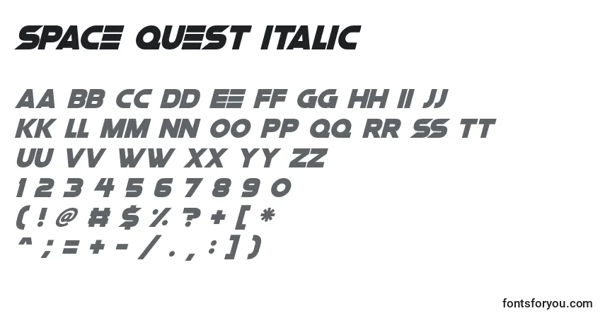 Schriftart Space Quest Italic – Alphabet, Zahlen, spezielle Symbole