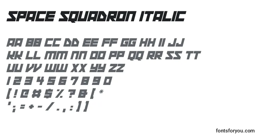 Шрифт Space Squadron Italic – алфавит, цифры, специальные символы