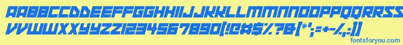 フォントSpace Squadron Italic – 青い文字が黄色の背景にあります。