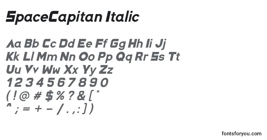 A fonte SpaceCapitan Italic – alfabeto, números, caracteres especiais