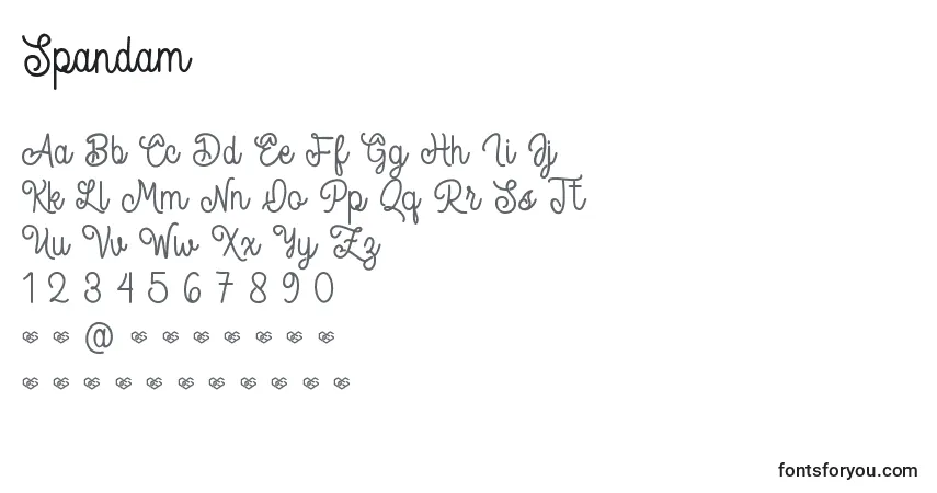 Czcionka Spandam – alfabet, cyfry, specjalne znaki