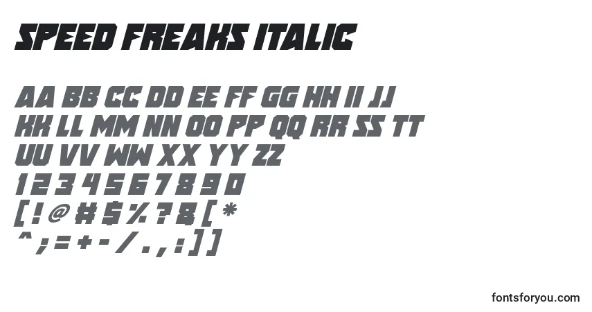 Шрифт Speed Freaks Italic – алфавит, цифры, специальные символы