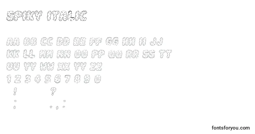 Schriftart Spiky Italic – Alphabet, Zahlen, spezielle Symbole
