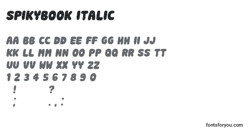 Schriftart SpikyBook Italic – Alphabet, Zahlen, spezielle Symbole