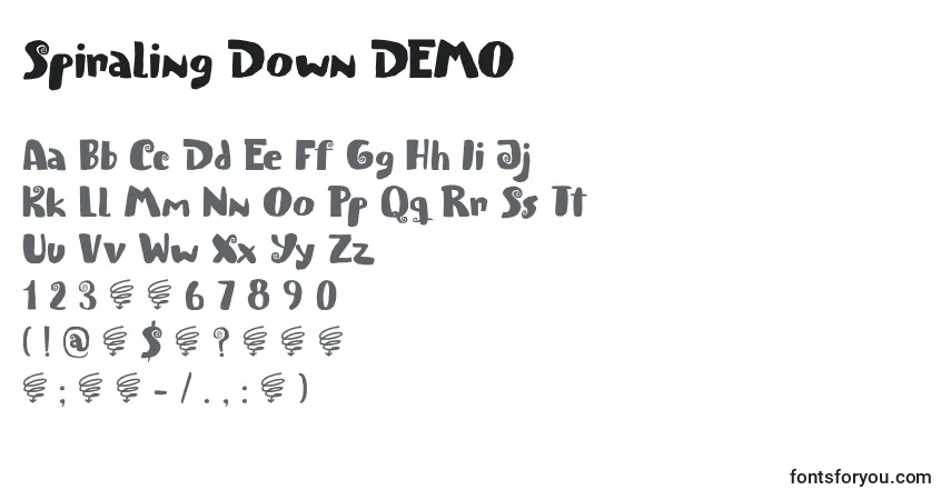 Czcionka Spiraling Down DEMO – alfabet, cyfry, specjalne znaki