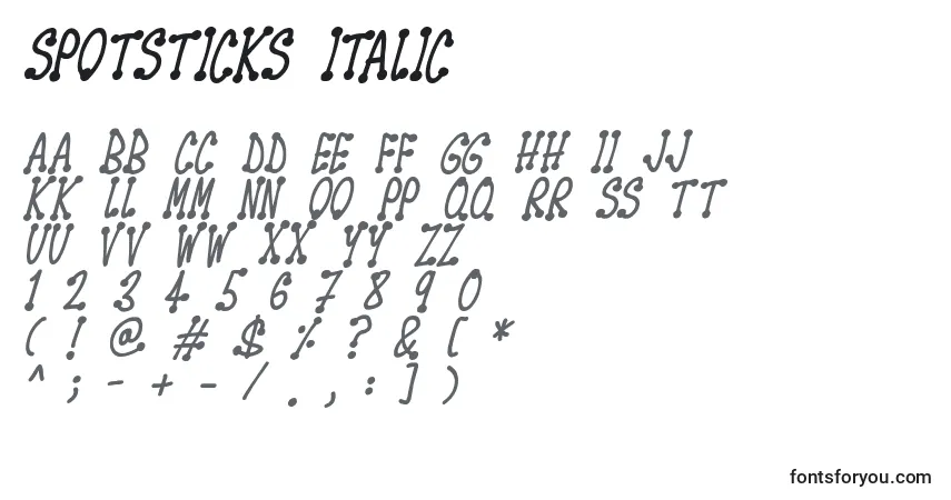 A fonte Spotsticks Italic (141697) – alfabeto, números, caracteres especiais