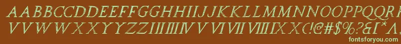 フォントspqri – 緑色の文字が茶色の背景にあります。