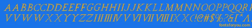 フォントspqri – オレンジ色の文字が青い背景にあります。