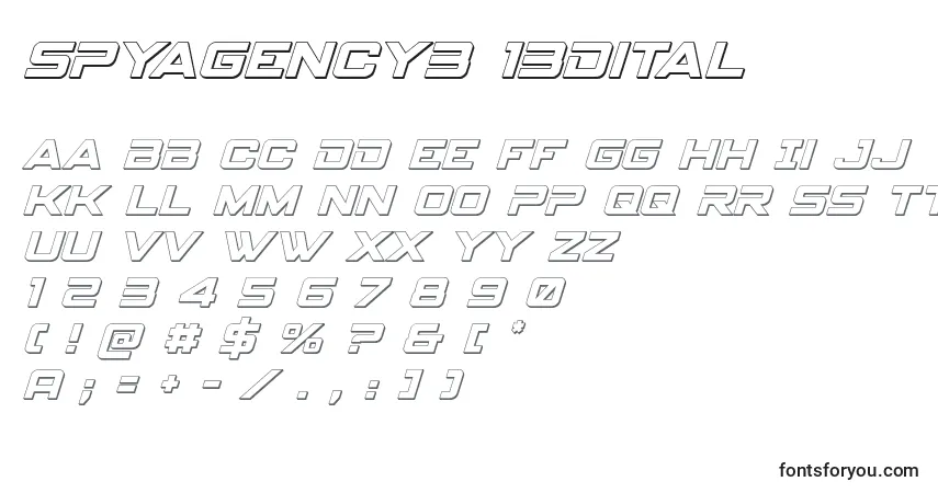 A fonte Spyagency3 13dital – alfabeto, números, caracteres especiais