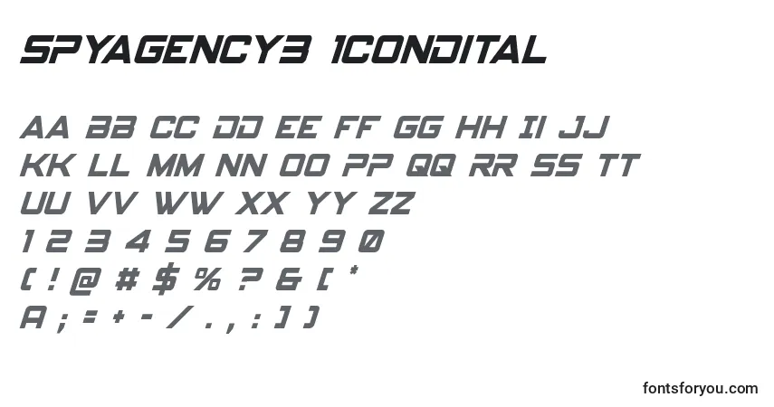 A fonte Spyagency3 1condital – alfabeto, números, caracteres especiais