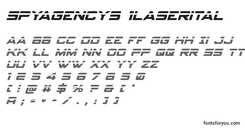 A fonte Spyagency3 1laserital – alfabeto, números, caracteres especiais