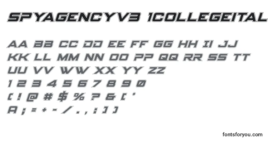 A fonte Spyagencyv3 1collegeital – alfabeto, números, caracteres especiais