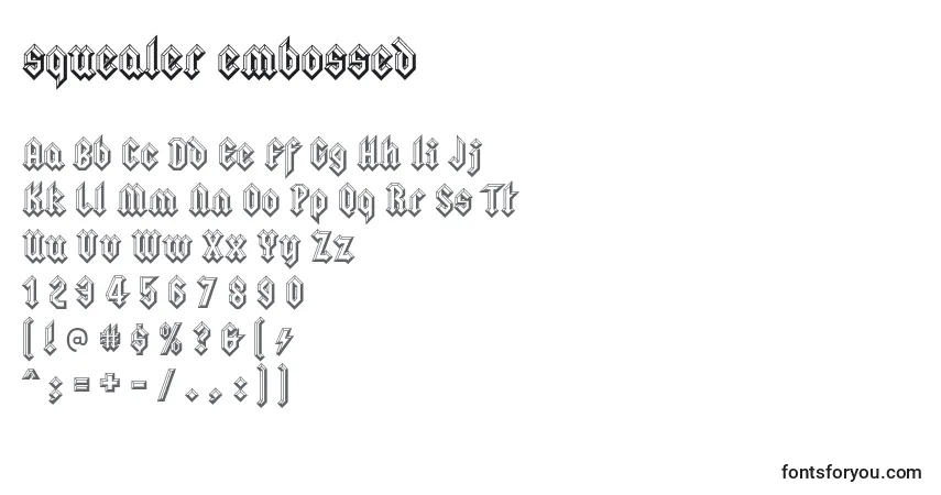 Schriftart Squealer embossed – Alphabet, Zahlen, spezielle Symbole
