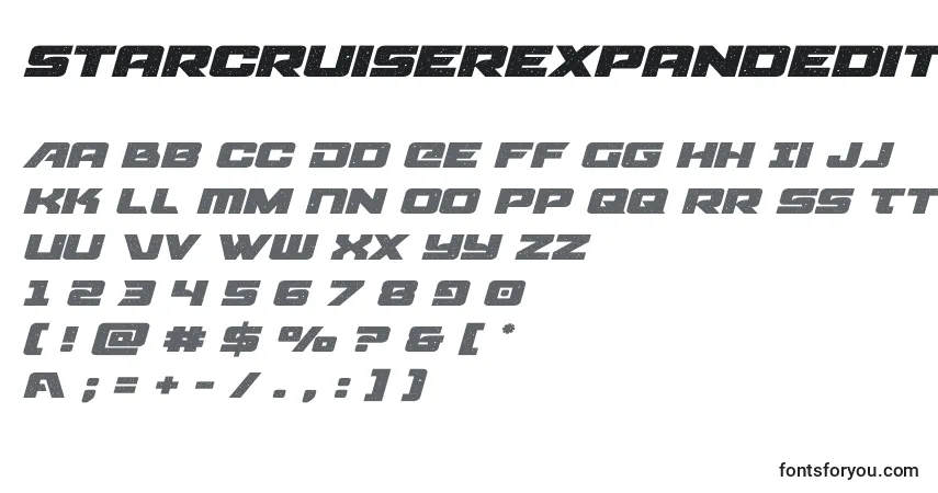 Czcionka Starcruiserexpandeditalic – alfabet, cyfry, specjalne znaki