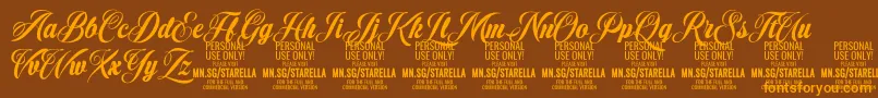 Lisätietoja StarellaScript PERSONAL USE-fontista StarellaScript PERSONAL USE-fontti – oranssit fontit ruskealla taustalla