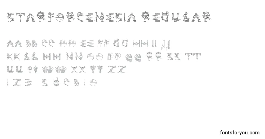 A fonte StarForceNesia Regular – alfabeto, números, caracteres especiais