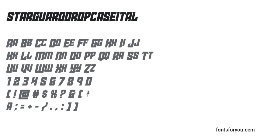 Czcionka Starguarddropcaseital – alfabet, cyfry, specjalne znaki