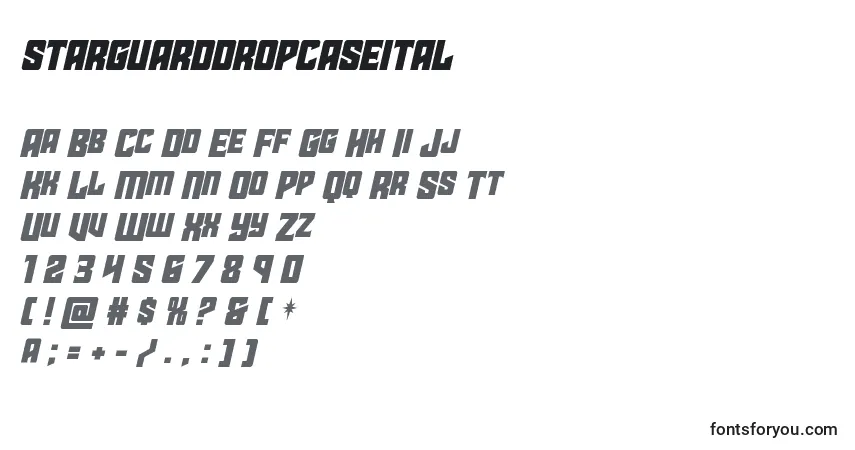 Шрифт Starguarddropcaseital (141867) – алфавит, цифры, специальные символы