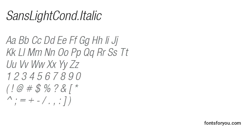 Czcionka SansLightCond.Italic – alfabet, cyfry, specjalne znaki