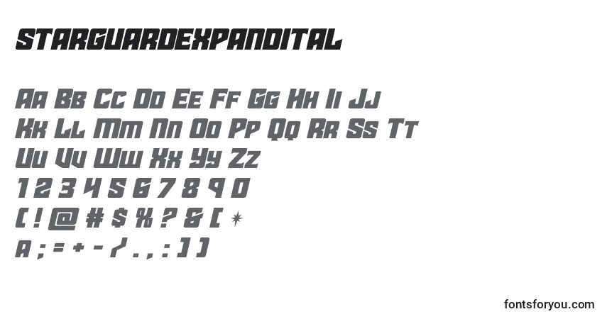 Schriftart Starguardexpandital – Alphabet, Zahlen, spezielle Symbole