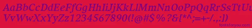 Fonte CompatilExquisitLtComBoldItalic – fontes roxas em um fundo vermelho