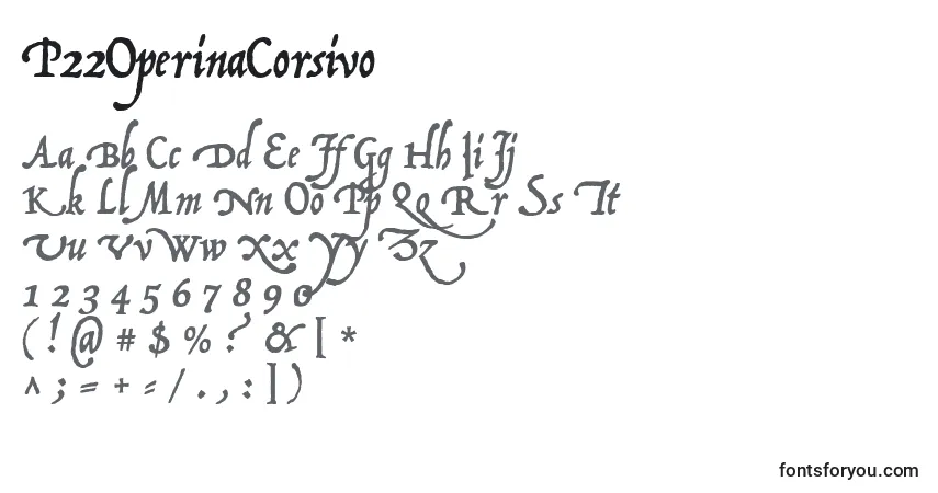Czcionka P22OperinaCorsivo – alfabet, cyfry, specjalne znaki