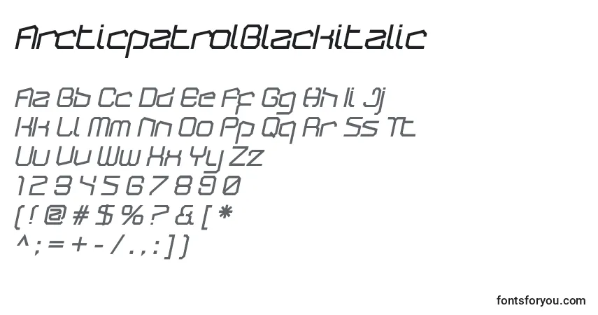 Шрифт ArcticpatrolBlackitalic – алфавит, цифры, специальные символы